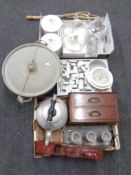 A 20th century galvanized metal lidded pan together with three boxes containing kitchen electricals,