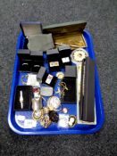 A tray of assorted costume jewellery, pewter pill box, dress rings, cuff links, commemorative coins,