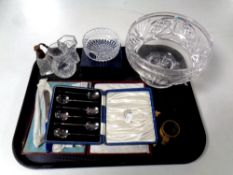 A tray of crystal glass ware : boxed Stewart Crystal dish, plated cutlery,