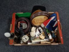 A box containing miscellaneous to include confederate flag, dog figures, Art Deco style table lamp,