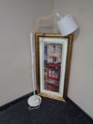 A contemporary angle poise floor lamp together with a gilt framed print,