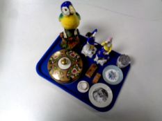 A tray of assorted ceramics to include pair of continental figures, Tuscan parrot figure (as found),