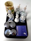 A tray of continental figures, Woods Indian tree jug, Royal Worcester egg coddlers,