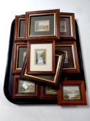 A tray containing ten miniature framed paintings by W Rhodes,