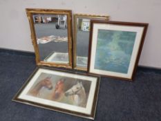 Two gilt framed bevel edged mirrors together with two further prints, Claude Monet and S L Crawford,