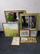 Two gilt framed mirrors together with a wall canvas, two Margaret Pemberton oils on board,