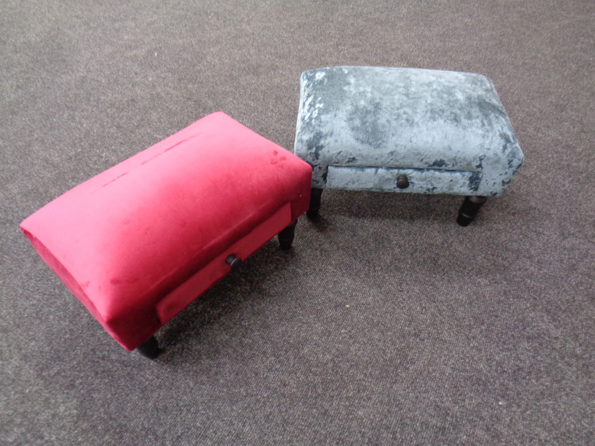 Two fabric upholstered footstools fitted drawers