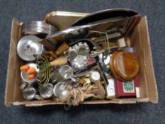 A box containing a quantity of metal wares to include stainless steel tea service on tray,