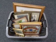 A basket containing assorted framed pictures an prints to include colour etchings, coaching scenes,