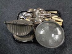 A tray of a large quantity of assorted plated cutlery,