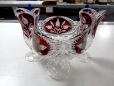 A three piece Bohemian Crystal two tone bowl and vase set