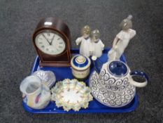 A tray of Comitti of London Victorian style clock, Nao figures, art glass vase,