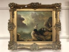 Nineteenth century school : The look out, figures on a rock, oil on canvas, 47 cm x 40 cm, framed.