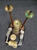 A tray containing miscellaneous to include a pair of Edwardian beech and brass candlesticks,