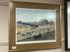 After Tom Dodson : Figures by a pier, colour print, 47 x 38 cm, signed,