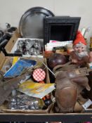 Two boxes containing miscellaneous to include stainless steel tea ware, vintage hair clipper boxes,