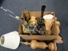 A box containing assorted table lamps to include wooden table lamps,
