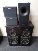 A pair of Dantax STR 502 speakers together with a Samsung sub woofer and two Sony surround speakers