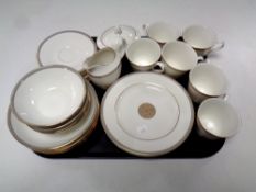 A tray containing 32 pieces of Royal Doulton Oxford Grey tea and dinner china