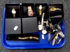 A tray of collection of lady's and gent's wrist watches and an Atlas Editions Eddie Stobart pocket