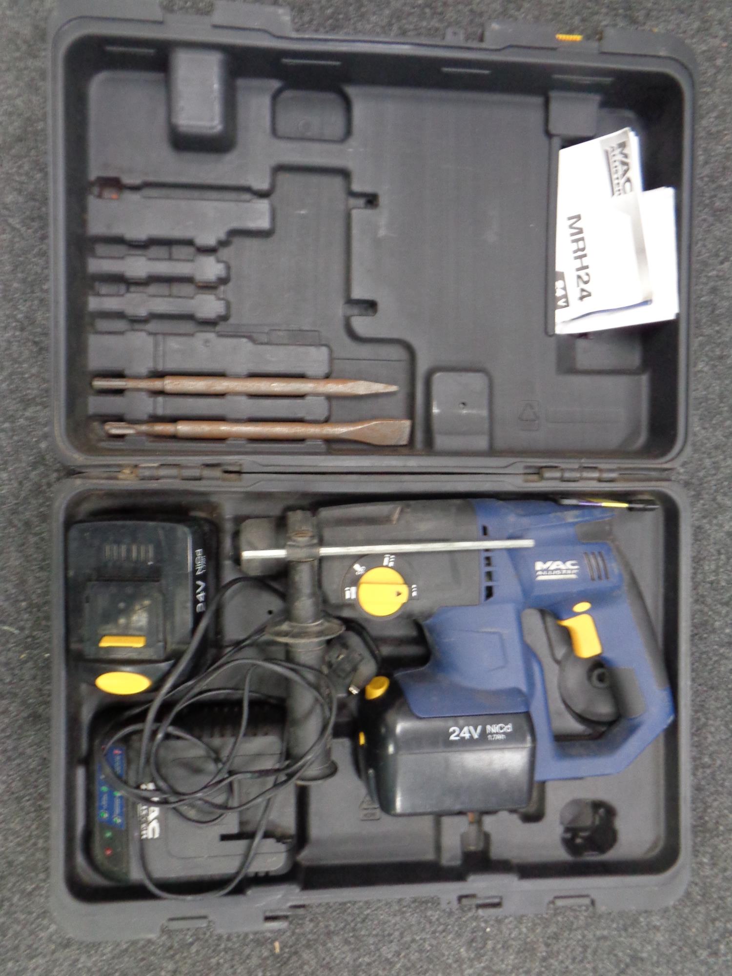 A Mac Alistair 24 V rotary hammer drill with batteries and charger in case