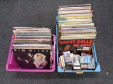 Two boxes containing vinyl LPs and cassette tapes to include Kim Wilde, Simply Red, Deep Purple,