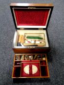 A late 19th century mother of pearl inlaid presentation sewing box with contents
