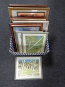 A box containing assorted framed pictures and prints to include John Brunsden prints of the