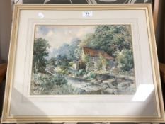 Hugh Wood : A water mill with trees beyond, watercolour,