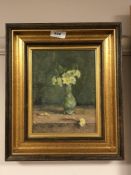 Phoebe Tulloh : Still life with yellow flowers in a green vase, oil on board, signed, 21 x 16 cm,