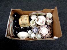 A tray of part Royal Albion and Nanrich Pottery tea services, coffee set, cake plates,