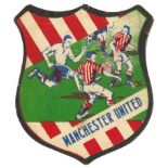 FOOTBALL, shield-shaped football card, Manchester United, action scene on red/white stripes, p/b (