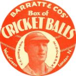 BARRATT, Cricketers, Durston (Middlesex), 58mm circular label for Box of Cricket Balls, red