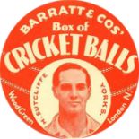 BARRATT, Box of Cricket Balls, Sutcliffe (Yorkshire), circular (58mm), orange background, EX