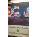 TRAVEL, original 1960s poster, Saudi Arabia Airlines, London, showing time-lapse view of