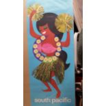 TRAVEL, original 1960s poster, Quantas South Pacific, art-style showing Polynesian girl dancing,