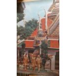 TRAVEL, original 1960s poster, Pakistan International Airlines, Bangkok, temple scene with three