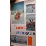 TRAVEL, original 1960s poster, Quantas Australia, four views of water-sports, 24.5 x 39.5, small