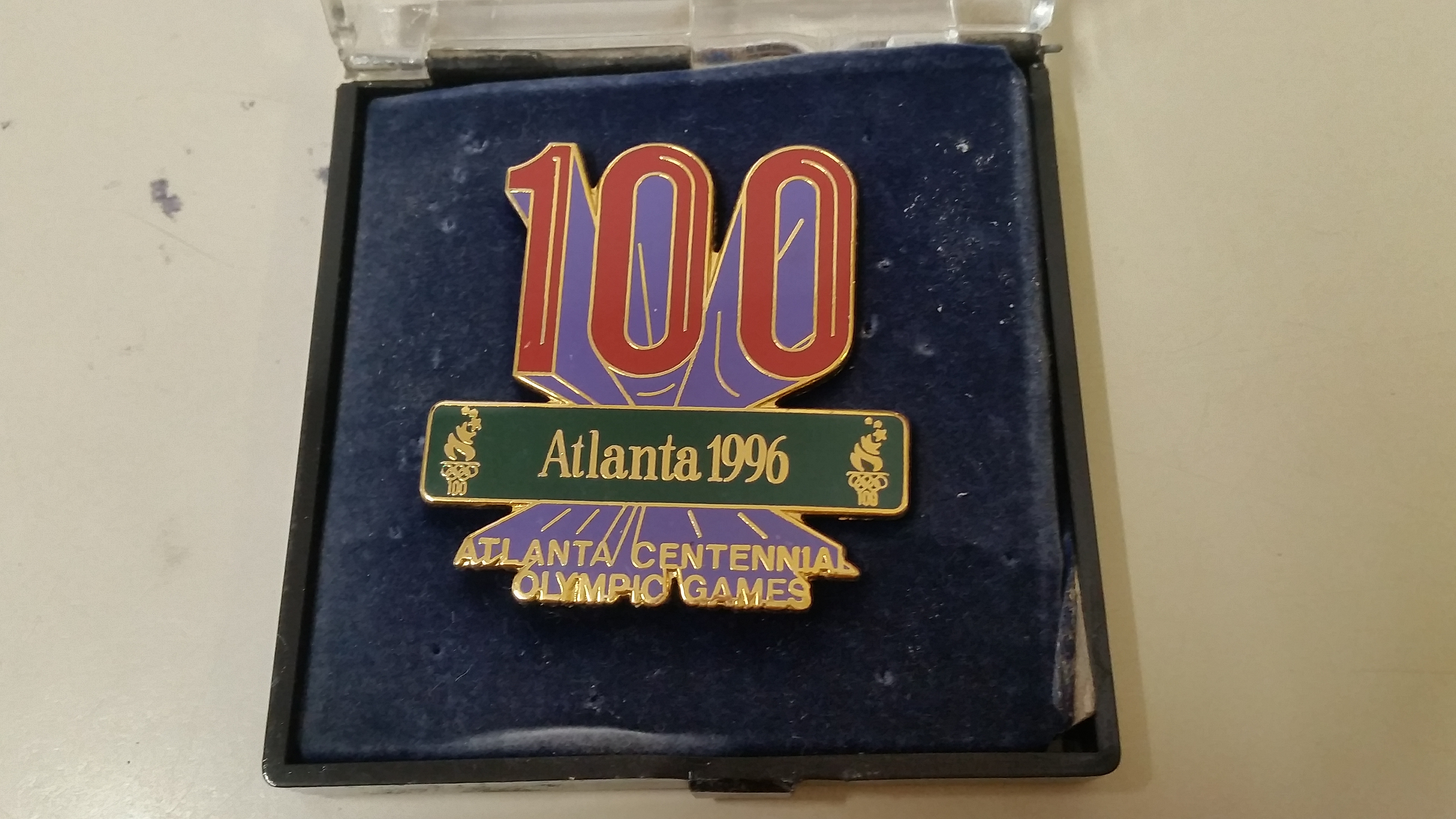 OLYMPICS, large metal lapel badge from the 1996 Atlanta Olympiad, '100 Atlanta 1996', awarded to