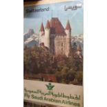 TRAVEL, original 1960s poster, Saudi Arabia Airlines, Switzerland, castle scene, 25 x 40, pin-