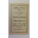 FOOTBALL, programme, Derby County v Plymouth Argyle, 15th Sept 1945, folds, G