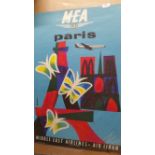TRAVEL, original 1960s poster, Middle East Airlines Paris, art-style view of Eiffel Tower & Notre