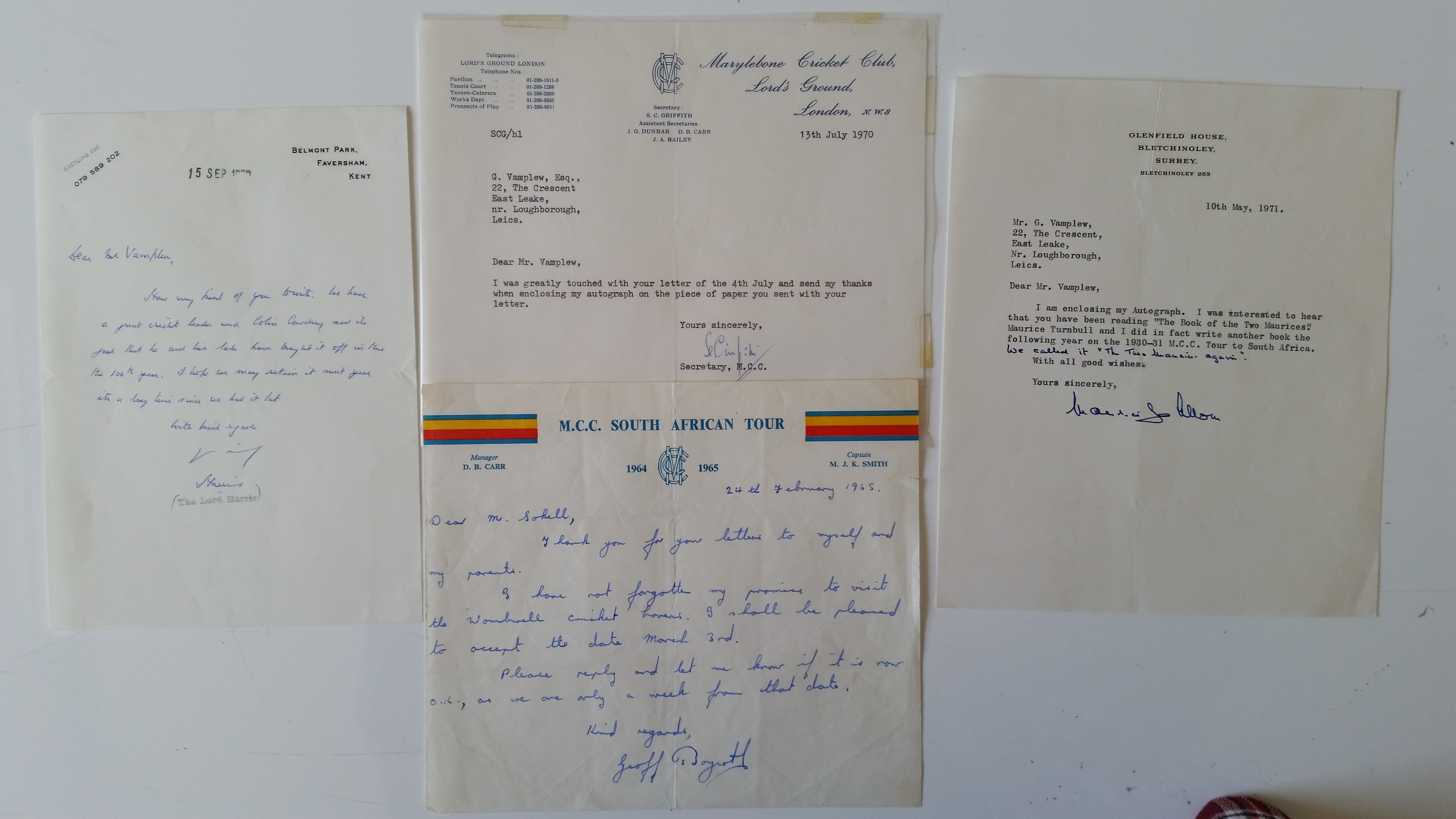SPORT, signed letters, inc. Geoff Boycott, Davod Sheppard, Lord Harris, Emile Griffiths, Stirling