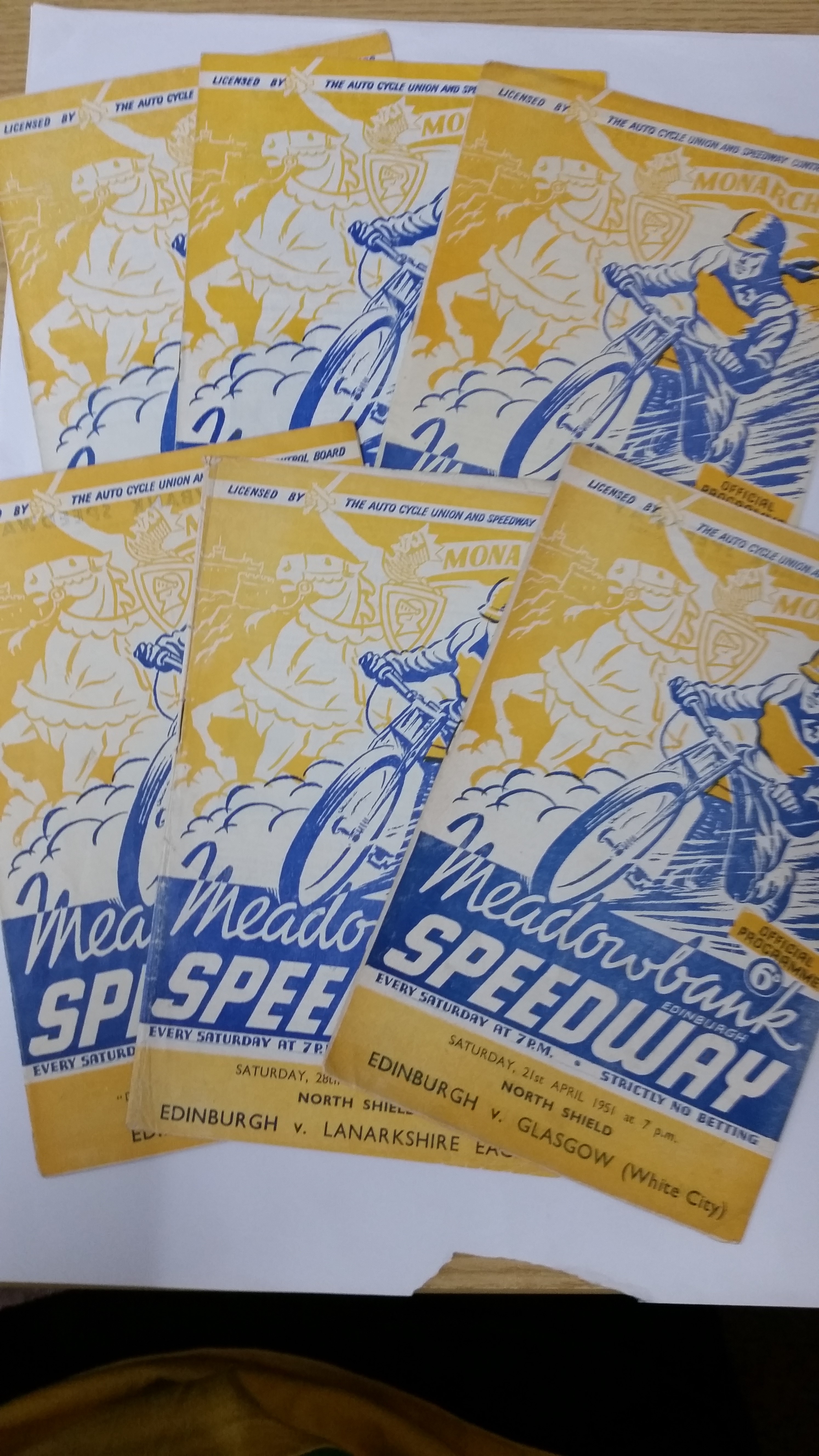 SPEEDWAY, Edinburgh Monarchs home programmes, 1951 results completed, G to VG, 6