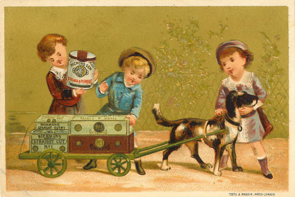 ALLEN & GINTER, advert card, children with doeg pulling cart, large, corner crease, G