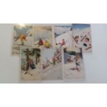 SPORT, winter sport postcards, comic scenes of skiing & toboganning, pu (6), VG, 7