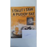 TELEVISION, signed blank white card by Mel Blanc with sheet music booklet for I Taut I Taw a Puddy-