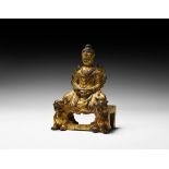 Chinese Northern Wei Gilt 'Silk Road' Buddha in Meditation on Flaming Lion Throne