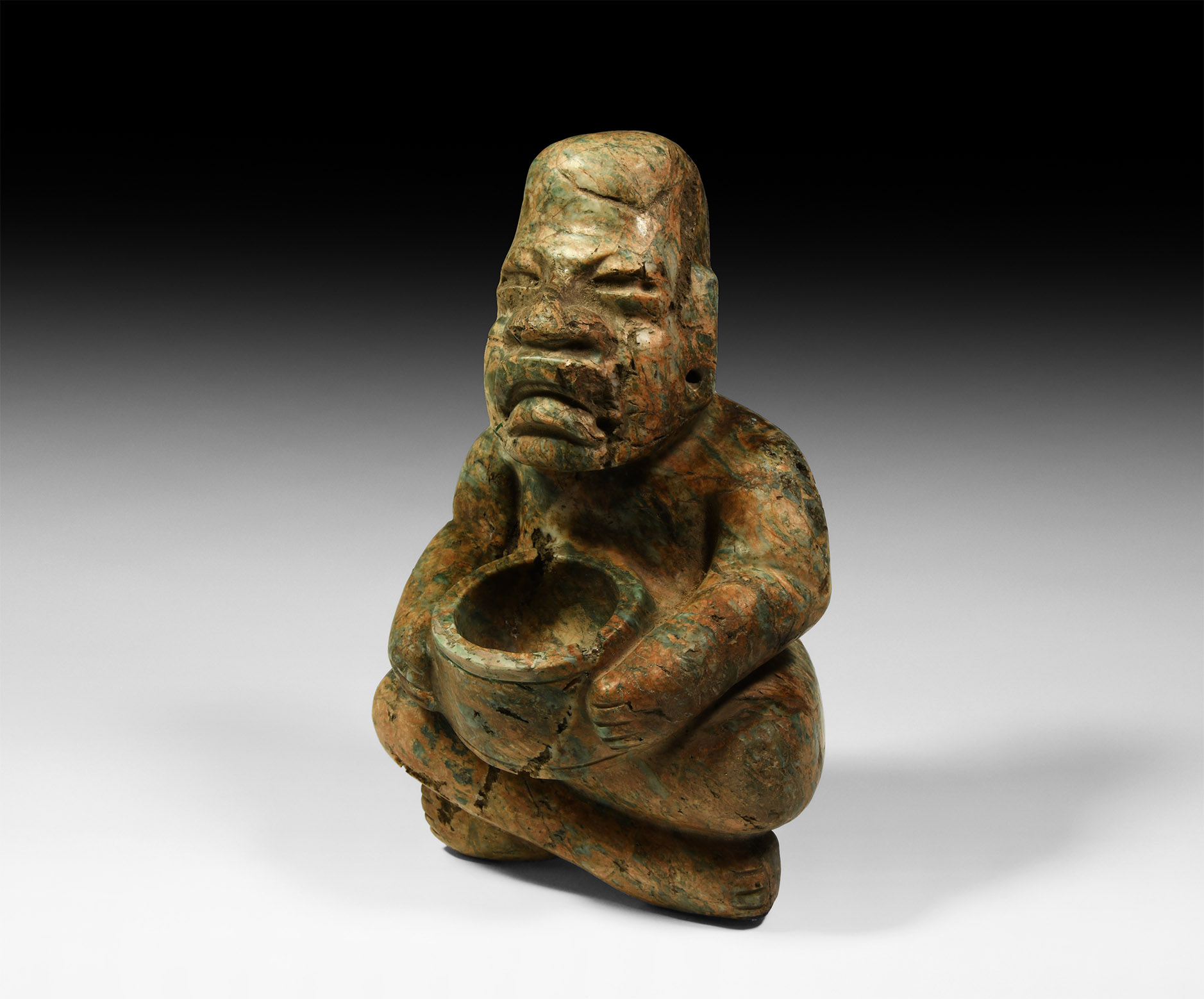 Olmec Jadeite Seated Figure with Offering Bowl