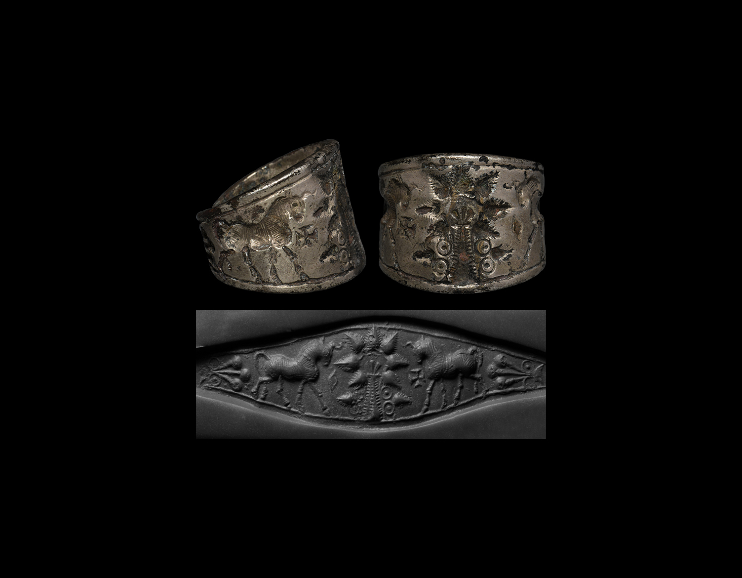Ring with Two Heraldic Bulls Next to the Tree of Life
